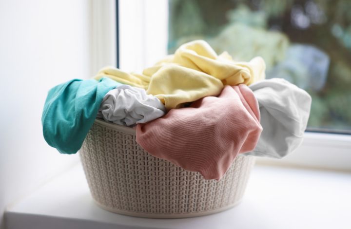 Fresh clean laundry hanging in bright Arizona sunlight with desert backdrop