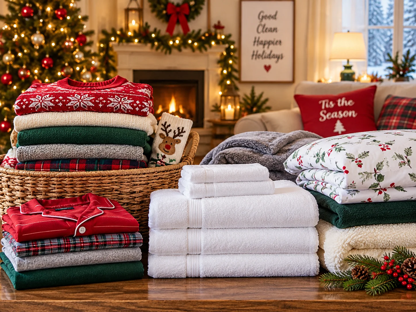Freshly washed and folded holiday clothes, towels, and bedding ready after Wash-Dry-Fold laundry service