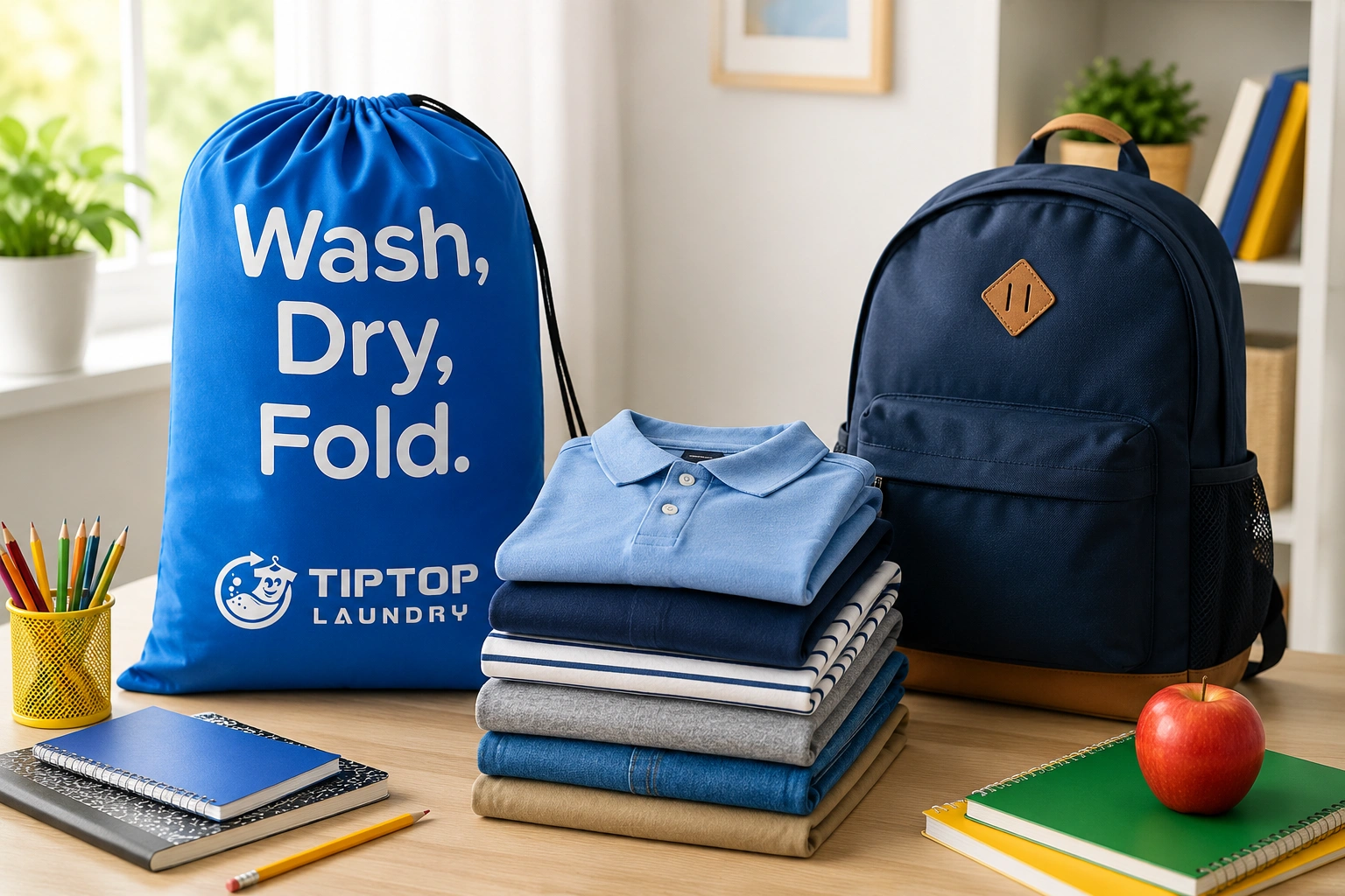Back-to-school clothes folded neatly with a backpack, with a Tip Top Laundry bag near