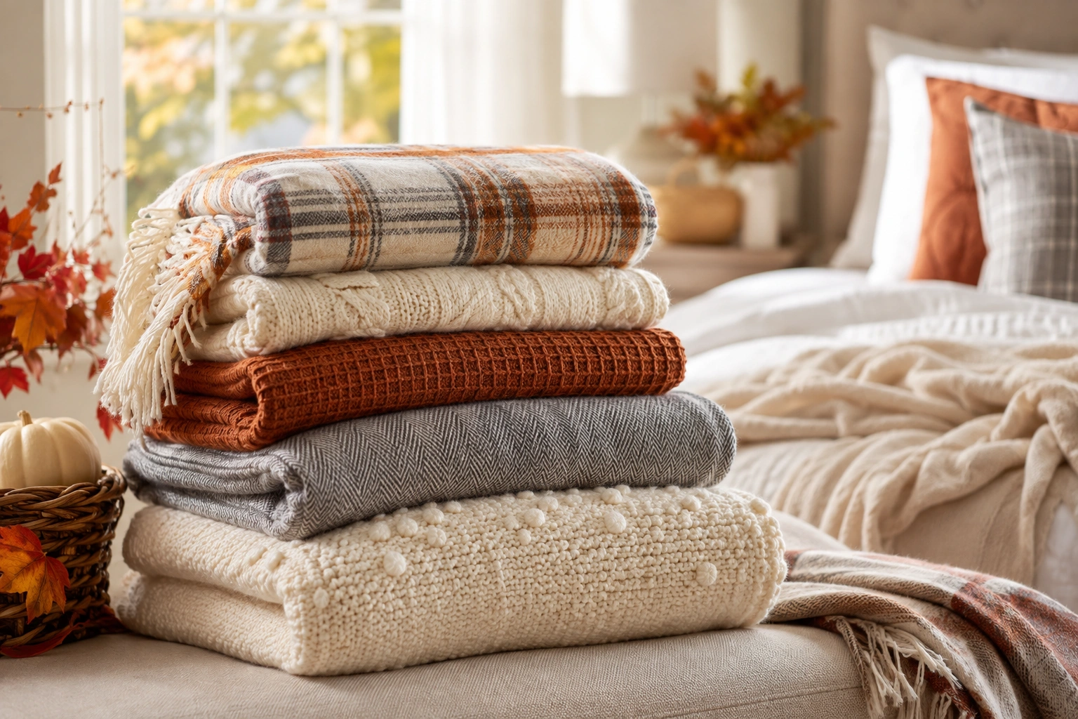 Freshly washed blankets and cozy throws folded and ready for cooler fall weather