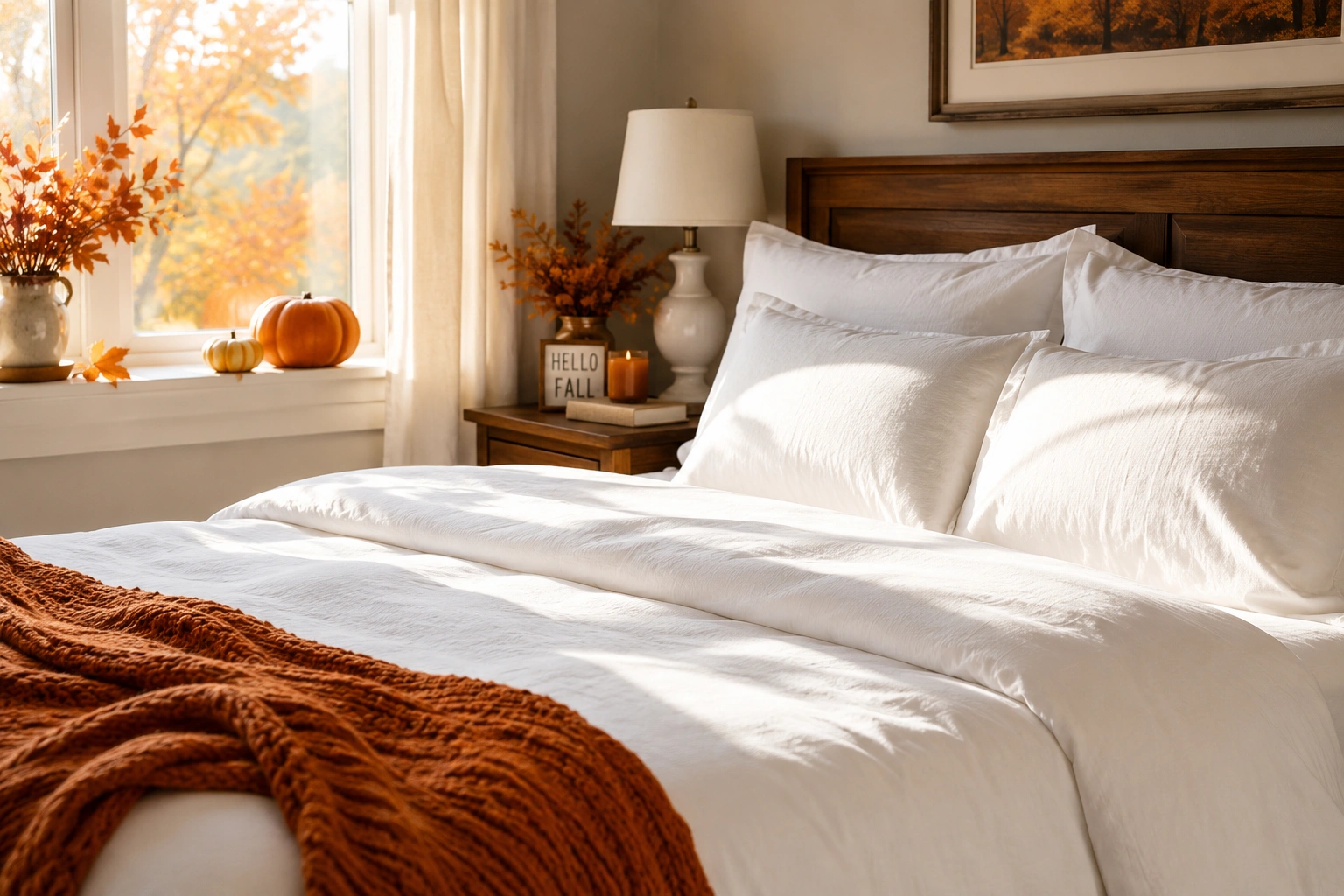 Freshly washed white bedding on a cozy fall bedroom with sunlight and autumn accents