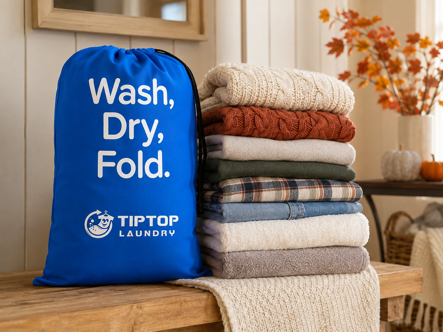 Freshly folded fall clothes, towels, and blankets ready after Tip Top Laundry pickup and delivery service