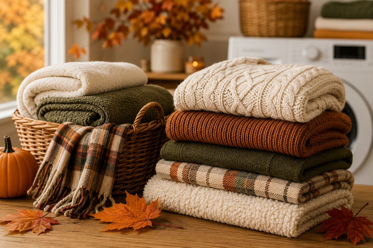 Folded fall sweaters, blankets, and towels