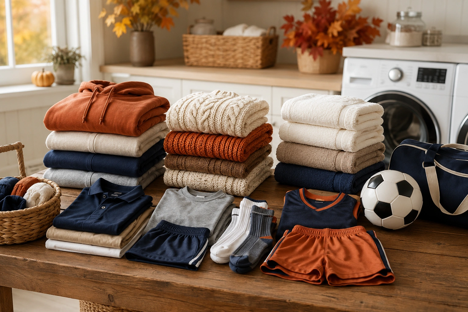Fall laundry with hoodies, sweaters, towels, school clothes, and sports gear sorted for a weekly routine