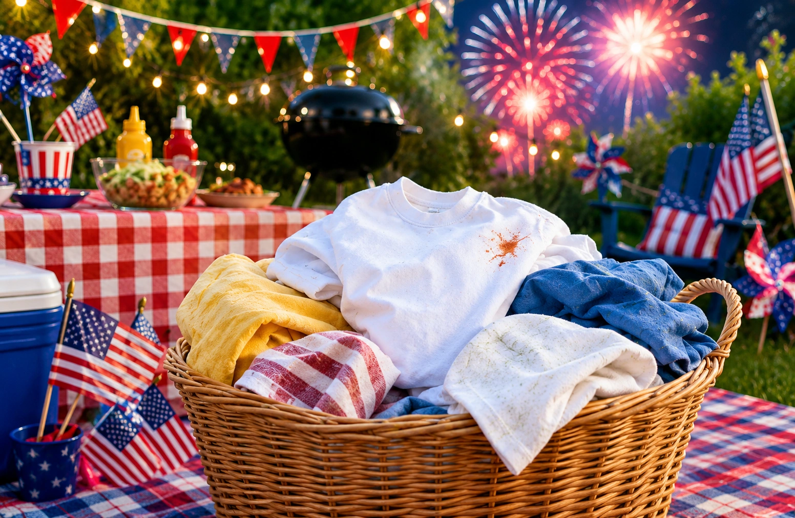 Fourth of July laundry basket with stained picnic clothes