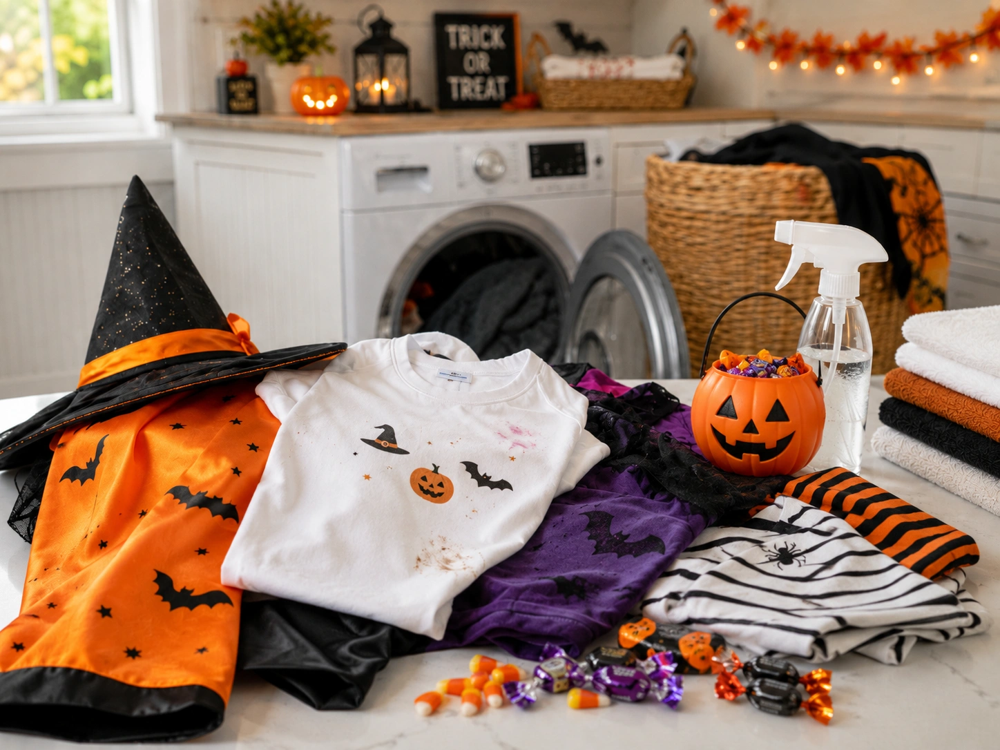 Halloween costumes and clothes with chocolate, makeup, and candy stains ready for stain removal and washing