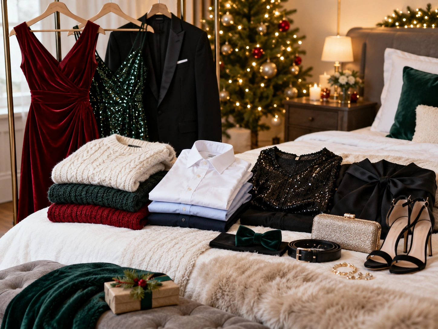 Holiday outfits including dresses, sweaters, dress shirts, and party clothes freshly cleaned and ready for the season