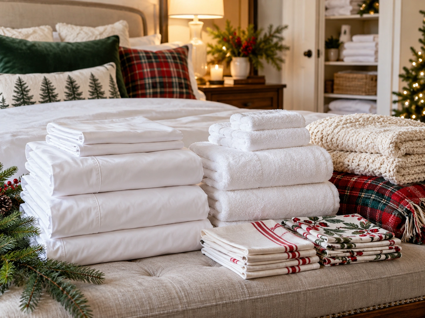 Freshly washed holiday guest bedding, bath towels, blankets, and table linens folded and ready for holiday visitors