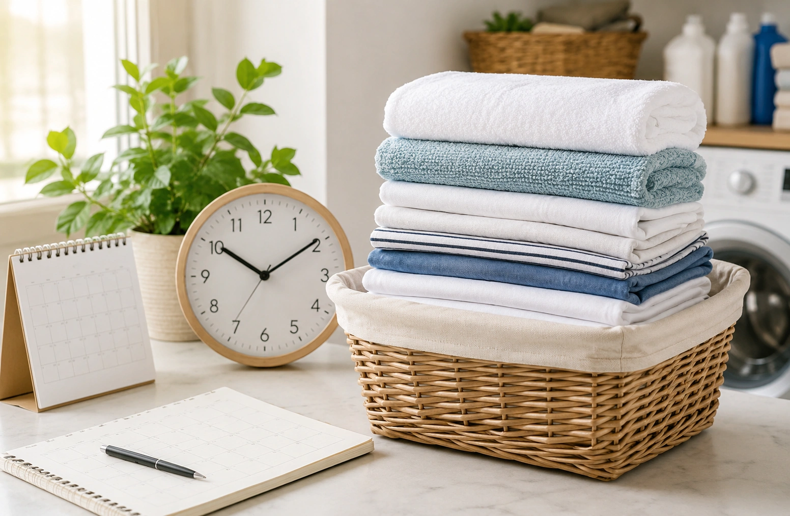 Folded laundry basket with clean clothes showing how much time laundry takes each month