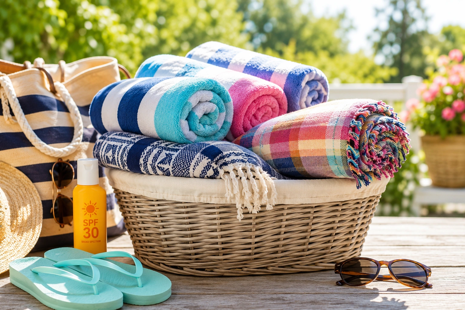 Freshly washed outdoor towels and blankets drying after summer activities