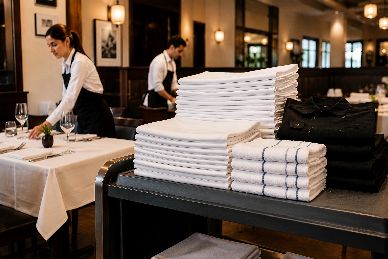 Freshly cleaned restaurant table linens, napkins, kitchen towels, and staff uniforms ready for peak season