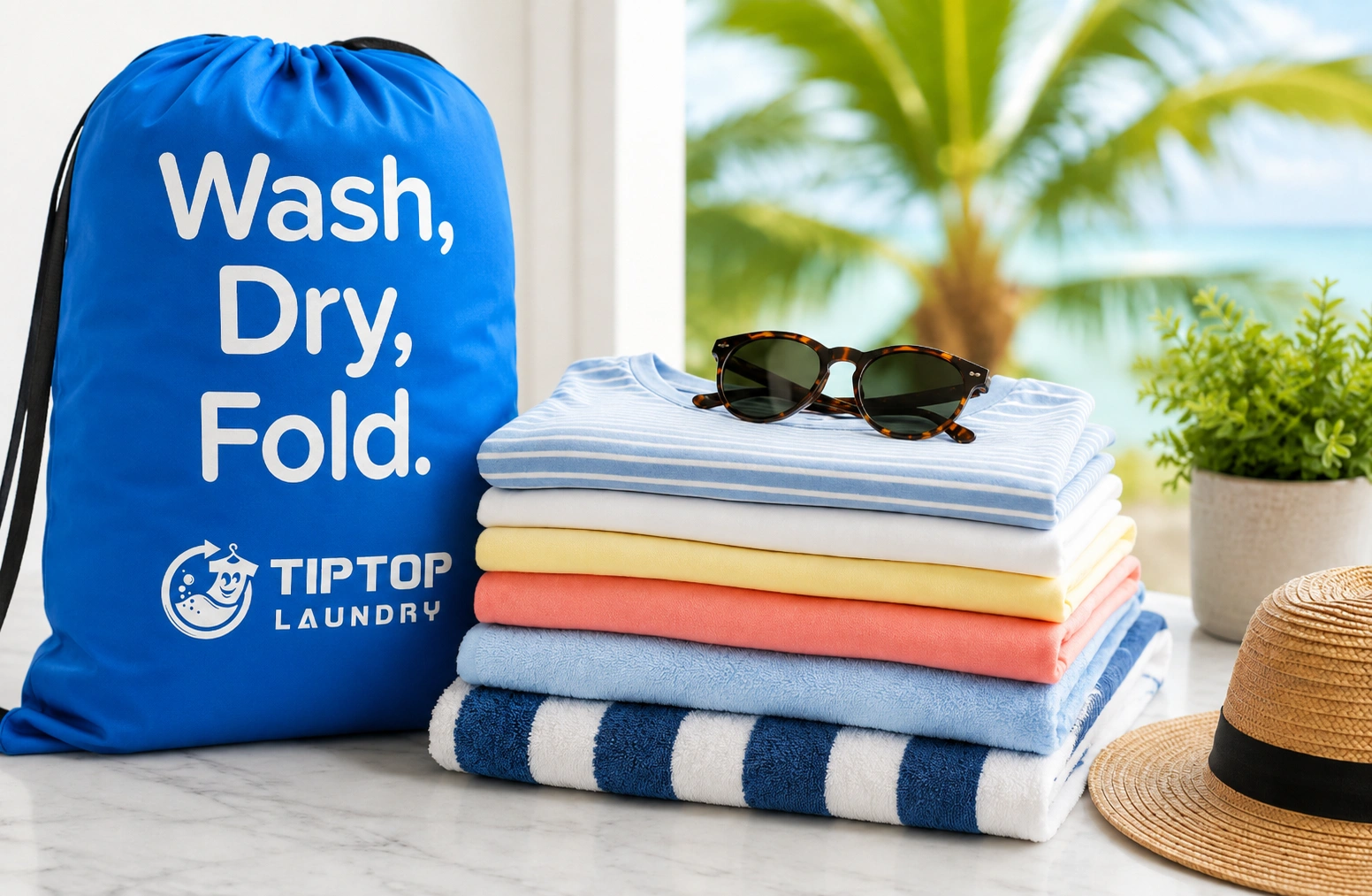 Fresh folded summer laundry with sunglasses and a laundry pickup bag
