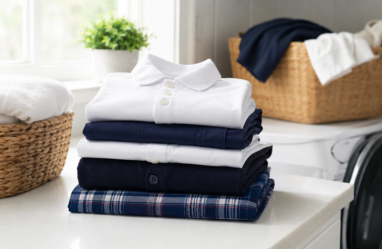 Freshly washed kids school uniforms folded neatly