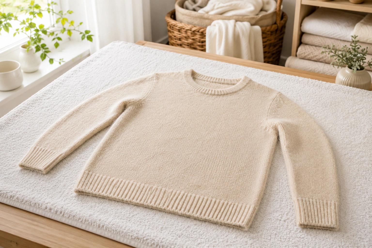 Wool sweater drying flat on a towel after a gentle wash to prevent shrinking